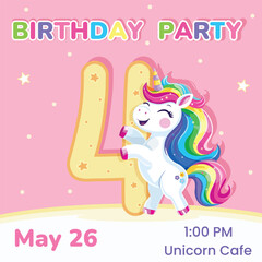 Birthday party invitation with number 4. Template with cute and happy unicorn with multi-colored hair and star. Poster, Banner, Flyer. Vector illustration in flat cartoon style
