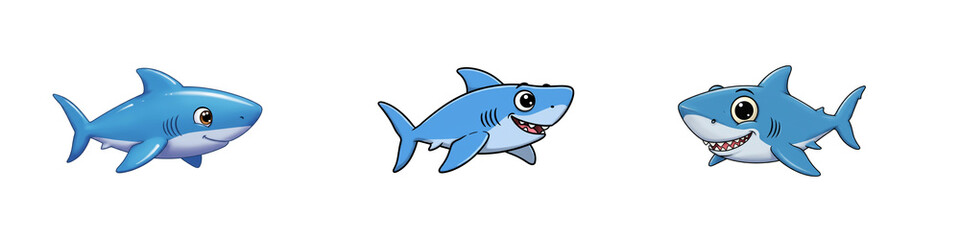 Obraz premium Comical cute shark cartoon, in clean white background, perfect for lighthearted designs, games, or character collections.