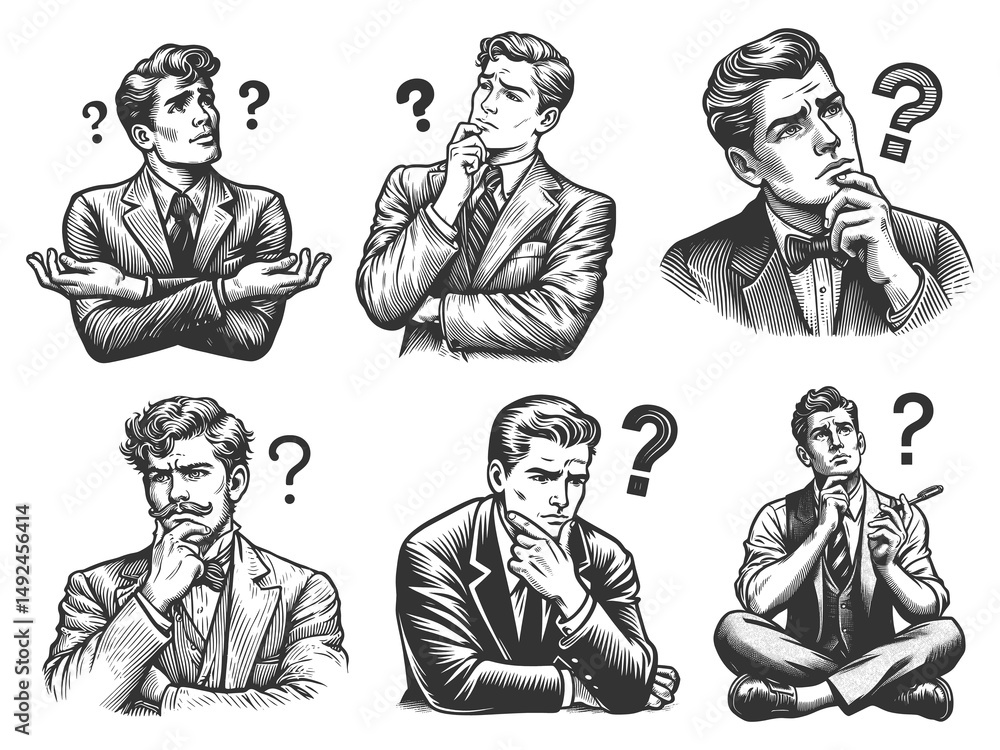 Poster businessman men with puzzled, uncertain, and thoughtful expressions, surrounded by question marks se