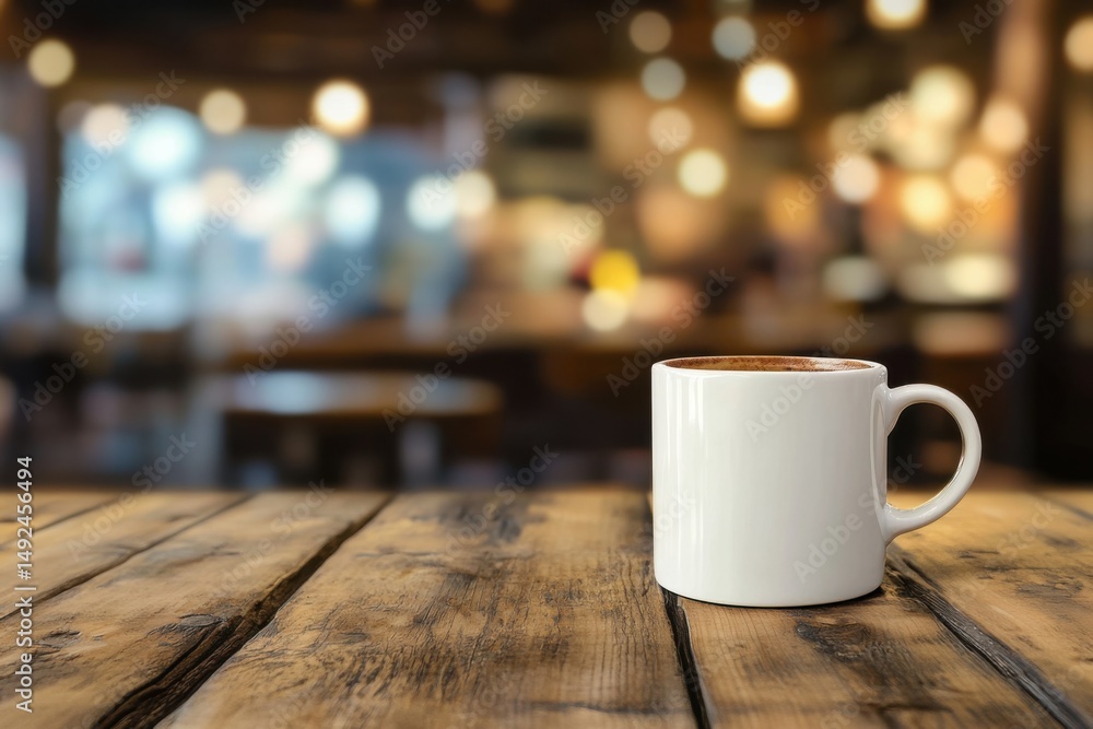Poster white coffee mug on rustic wooden table in cafe setting warm bokeh background eye level view