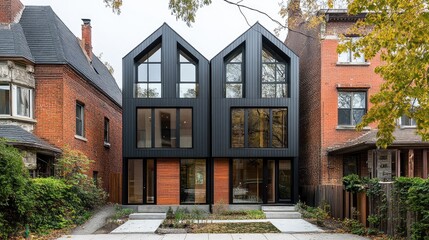 Long straight street view with modern townhomes in earthy brick and steel accents