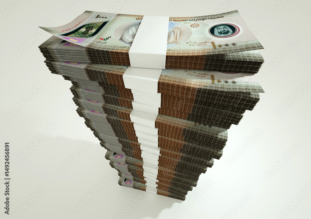 Aufkleber 3d rendering of stacks of 1000 united arab emirates dirham notes arranged in a long single column. 3
