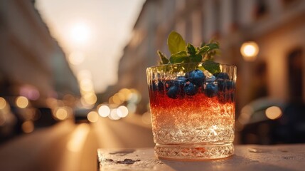 Tricolor cocktail with blueberries and mint in crystal glass, celebrating French National Day with festive elegance.