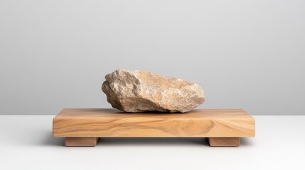 Elevated rock on wooden platform display