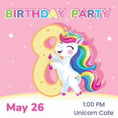 Birthday party invitation with number 8. Template with cute and happy unicorn with multi-colored hair and star. Poster, Banner, Flyer. Vector illustration in flat cartoon style