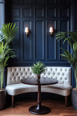 Elegant curved sofa and round table in a modern luxury restaurant interior with blue accents.