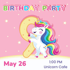 Birthday party invitation with number 9. Template with cute and happy unicorn with multi-colored hair and star. Poster, Banner, Flyer. Vector illustration in flat cartoon style