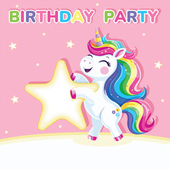 Birthday party invitation. Template with cute and happy unicorn with multi-colored hair and star and white background. Poster, Banner, Flyer. Vector illustration in flat cartoon style