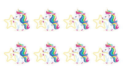 Set of cute and happy unicorn with multi-colored hair and star on white background. Vector illustration in flat cartoon style