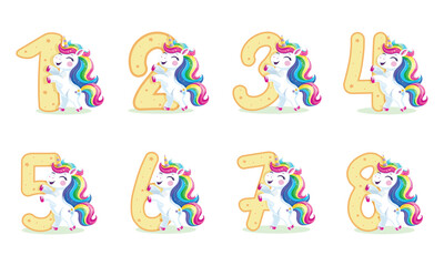 Set of cute and happy unicorn with multi-colored hair and star on white background. Vector illustration in flat cartoon style