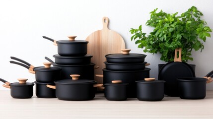 Sleek black cookware set staging