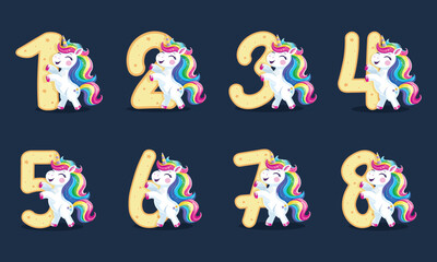 Set of cute and happy unicorn with multi-colored hair and star. Vector illustration in flat cartoon style