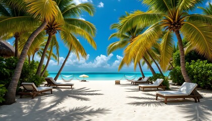 A sun drenched lodging nestled amidst lush tropical foliage. Towering palm trees sway gently in the breeze, casting dappled shadows across the pristine white sand beach