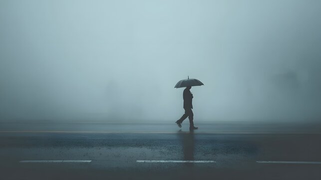 Man walking alone in rain with umbrella on a foggy day weather depression solitude concept photography - Powered by Adobe