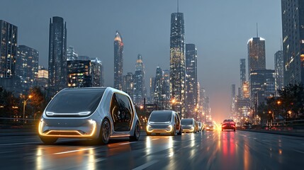 Self-driving cars navigate a futuristic city, showcasing the evolution of urban transportation with autonomous vehicles in a bustling environment.