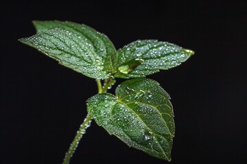 Macro Shot of a Dew Drop Resting Elegantly on the Tip of a Green Leaf Against a Black Background Varient 2
