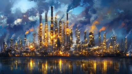 Naklejka premium Smog and steam mix with night sky behind an active factory glowing in metallic tones