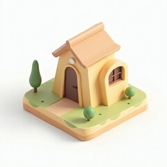 3D Clay Miniature House Model with Trees on Base for Illustration