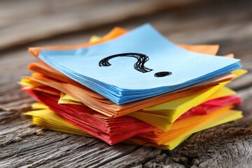 a question or a mark, using analysis to generate a brief summary clear concept .Clear confusion, doubt, uncertainty from a stack of paper notes showing