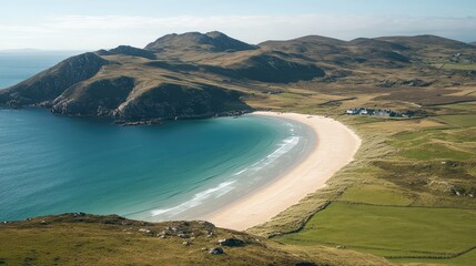 The vast sea glows in pale blue as low, gentle waves reach the edge of a remote, sandy beach