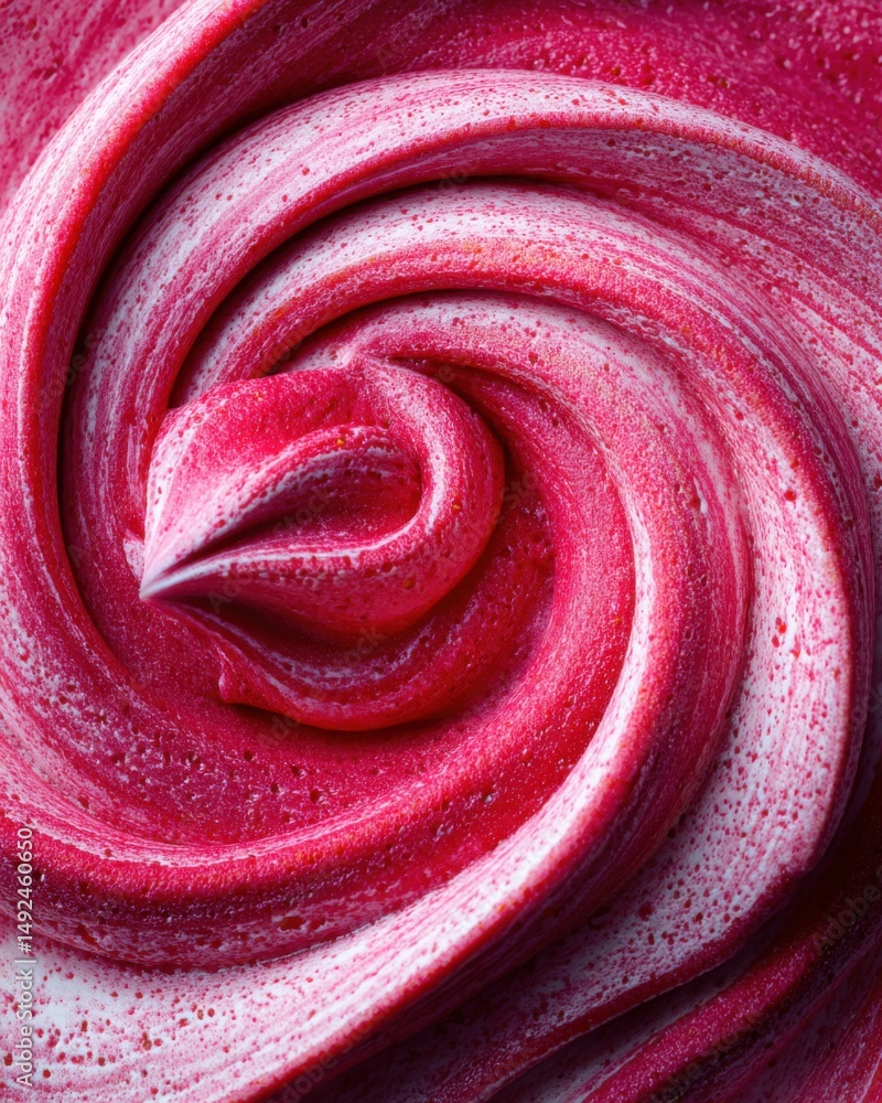Poster macro close-up of swirled raspberry frosting texture with white streaks, top-down view, abstract foo