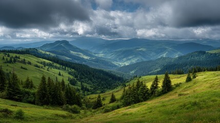 Obraz premium Scenic view of lush green mountains and forests under cloudy sky