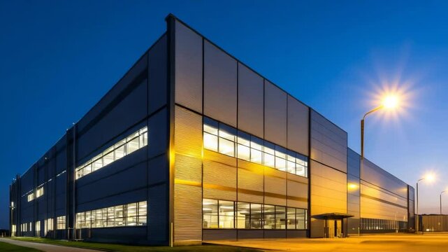 Exterior of a modern metal clad distribution warehouse building with illuminated windows at dusk against a blue sky.