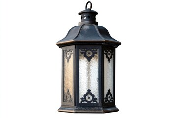 Ornate dark metal lantern with frosted glass panels and decorative accents