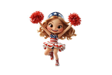 Fototapeta premium Joyful cheerleader girl with wavy hair and confident pose, holding red pom-poms high, isolated on a transparent background