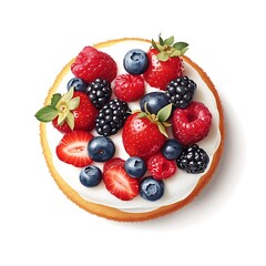 Obraz premium Fresh Cream Cake Topped with an Abundance of Mixed Berries and Fruits on a Bright Background