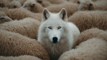 Obraz premium Lone white wolf amongst a flock of sheep. The wolf is focused forward. Its coat blends with the sheep, blue eyes stand out in contrast