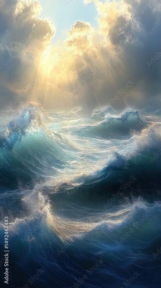Aufkleber ocean waves crashing with sun rays shining through clouds from above vertical view nature scene seas