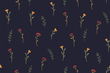 Seamless floral pattern, vintage style ditsy print of mini wildflowers. Elegant botanical design of small hand drawn flowers in abstract composition on dark blue background. Vector illustration.
