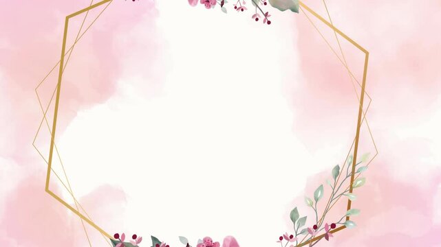 Flower corner frame appearing composition for weddings and Valentine's Day. Wedding flower watercolor golden corner frame composition with floral background seamless loop animation