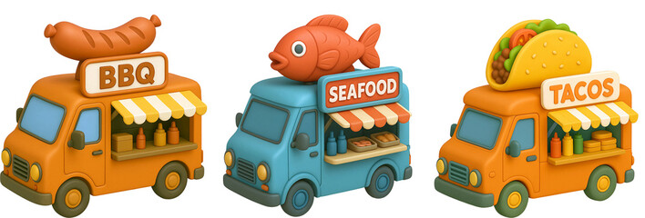 3D Cute Food Truck Set – BBQ, Seafood, Tacos