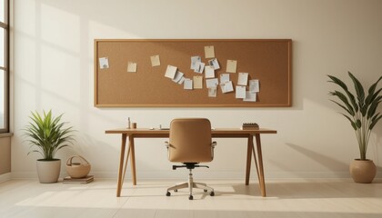 Minimalist Home Office Design Simple Wooden Desk, Comfortable Swivel Chair, and Bulletin Board