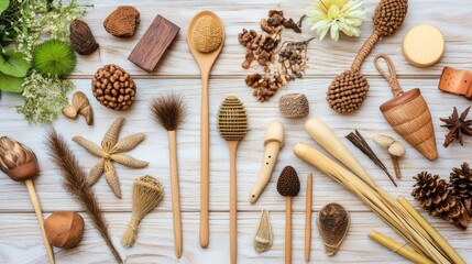 Assorted wooden items on a light wood surface.  Natural, eco-friendly, and decorative