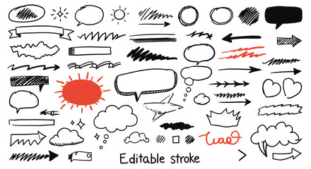 A collection of hand drawn doodle elements including arrows speech bubbles and other sketch illustrations