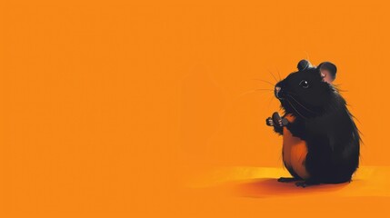 Charming Black Mouse Holding Nut on Vibrant Orange Background Copy Space, Cute Rodent Illustration, Playful Mouse Portrait