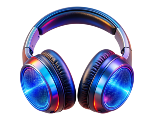 Futuristic holographic headphones glowing with neon blue and red equalizer lights, isolated on transparent background, perfect for music technology and party flyer designs