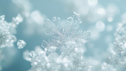 Snowflake, crystal clear, macro photography, light blue background, blurred foreground, 