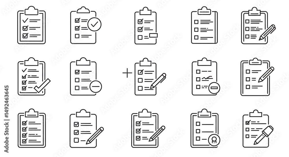 Poster collection of outline clipboard icons with check marks and writing tools on a white background