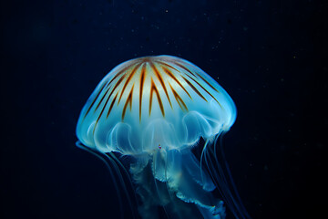 Naklejka premium A jellyfish swimming in the dark ocean