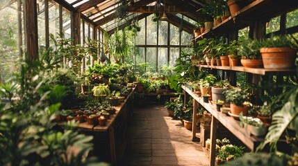 Explore lush greenhouse interior: plants, pots, shelves, light, nature, gardening, growth and greenery