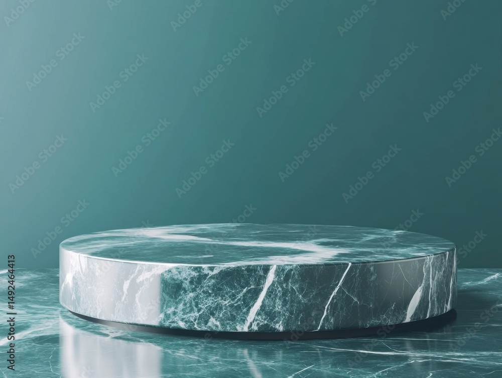 Poster minimalist studio shot of round marble product display podium on matching surface against teal backd
