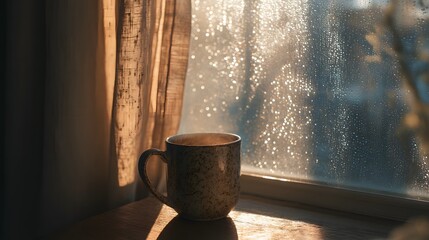 Cozy rainy day window view with coffee mug and curtains a perfect morning relaxation scene image