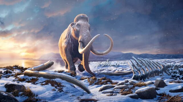 mammoth walking in the snow