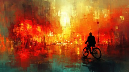 Cyclist Silhouette in Vibrant Night Cityscape
