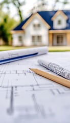 Blurred New Home In Background, Architectural Building Plans With Pencil In Foreground