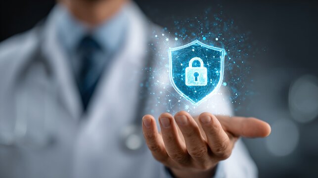 Medical data security represented by a doctor holding a glowing shield with a padlock. Protecting sensitive health information with technology.